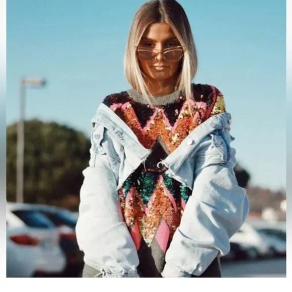 ZARA MULTICOLOR OVERSIZED SEQUIN SWEATER RARE MEDIUM M - Picture 15 of 16